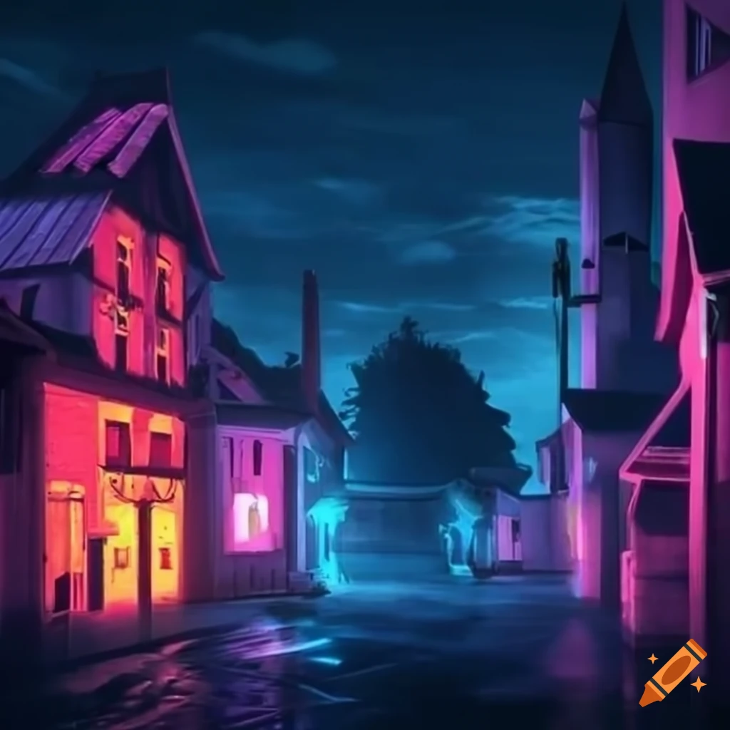 Neon villagescape in the dark