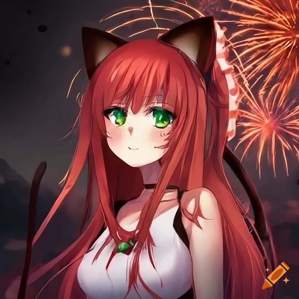 Anime Catgirl With Green Eyes And Red Hair In Front Of Fireworks On Craiyon 