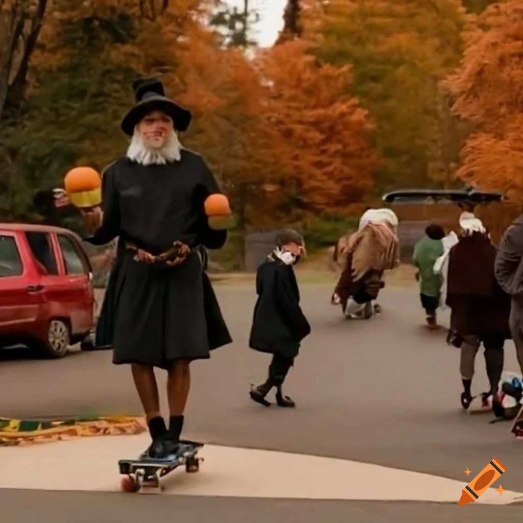 Turkey skateboarding past pilgrims on thanksgiving on Craiyon