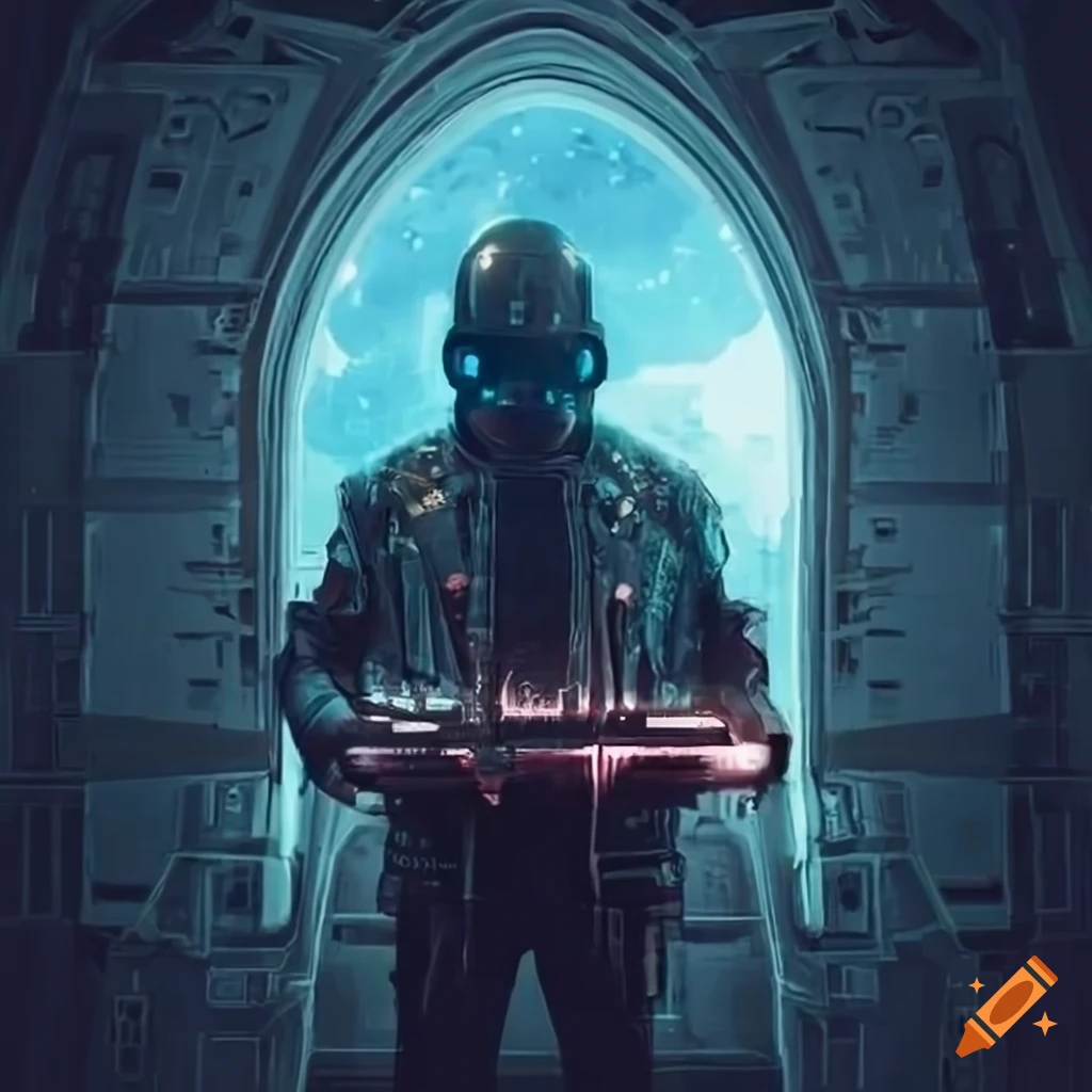 cyberpunk engineer in front of spaceship window