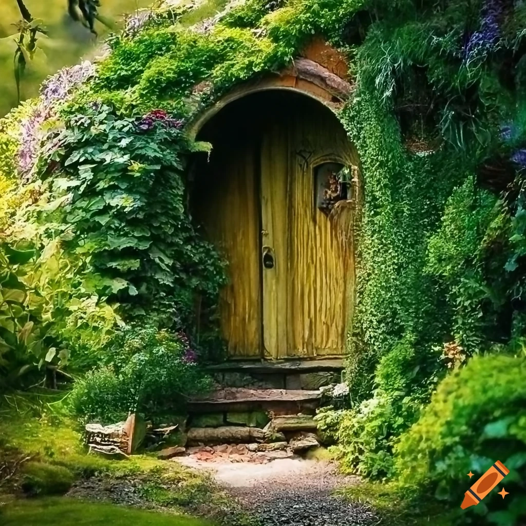 Photograph of a lush cave with a cozy hobbit house