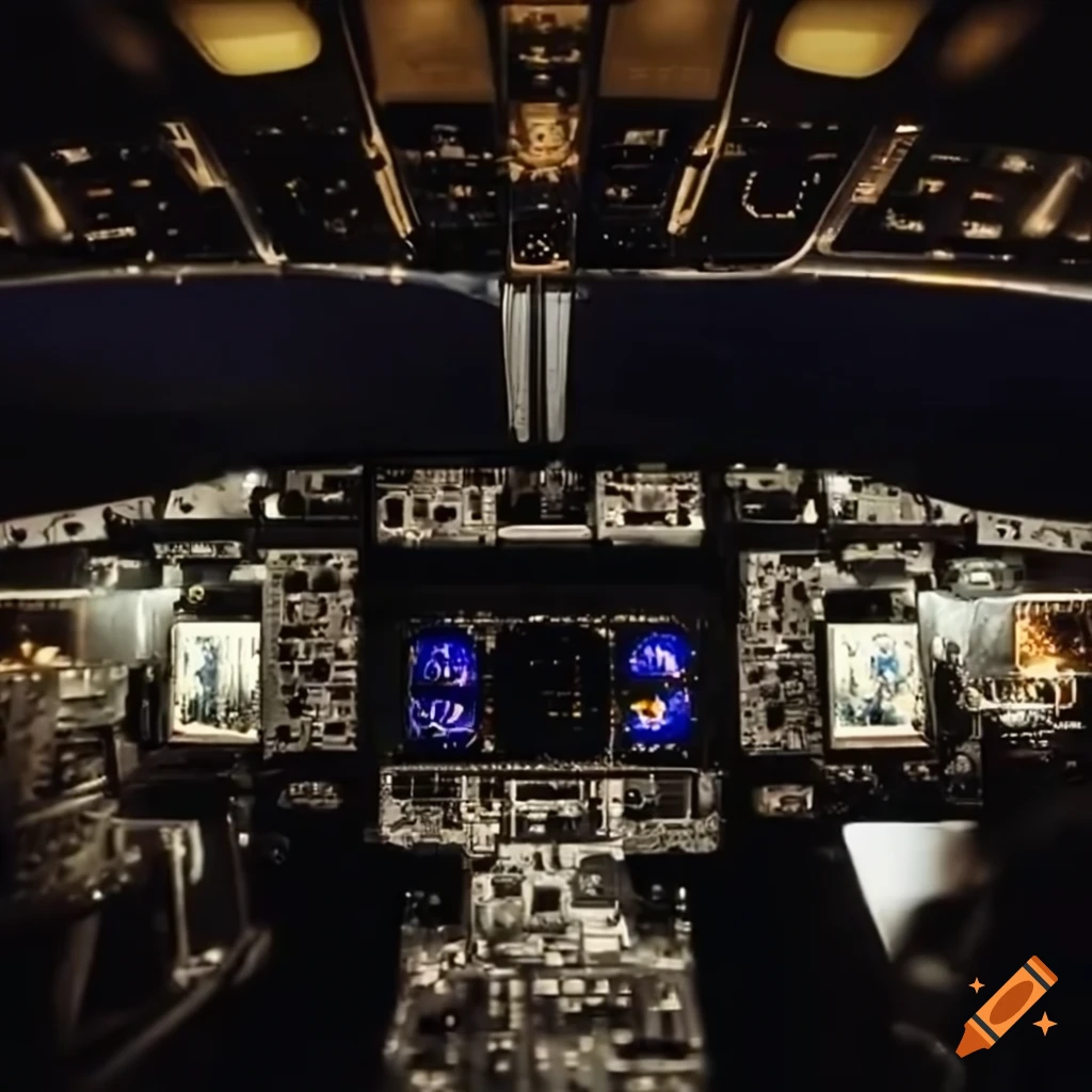 night scene of an airliner cockpit