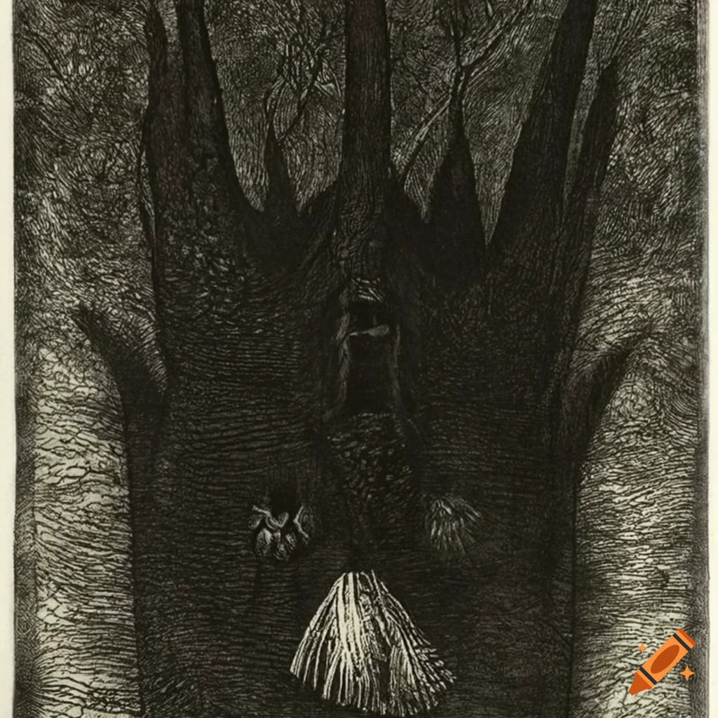Black and white acid-etched illustration of the eye of sauron