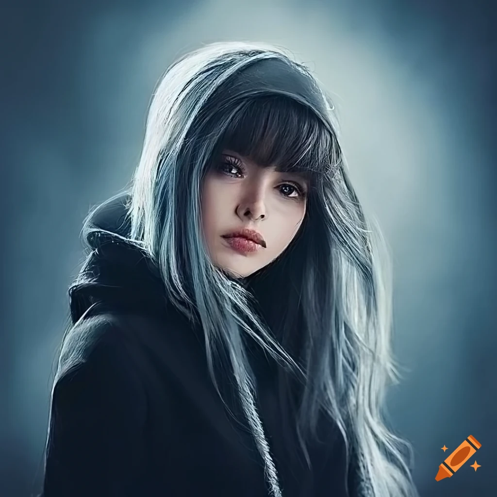 Portrait of a girl with long white hair and green eyes on Craiyon