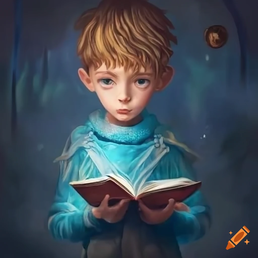 Boy reading a spellbook on Craiyon