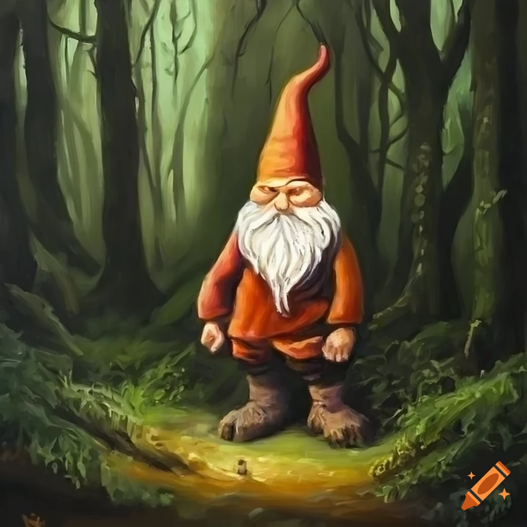 oil painting of relaxed gnomes in a dark forest