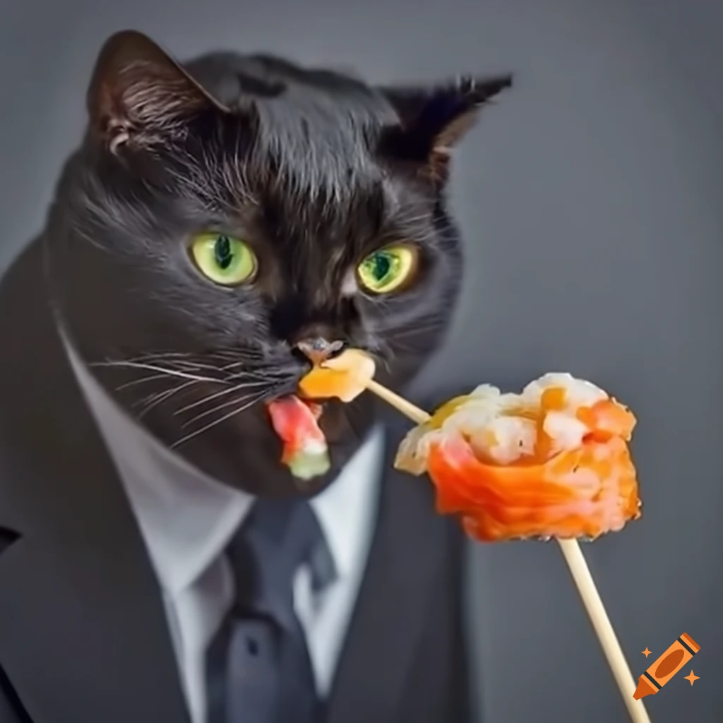 Business cat eating sushi on sticks on Craiyon