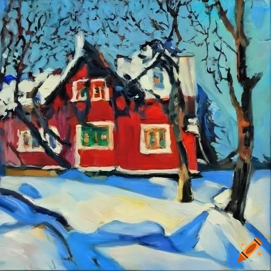 Norwegian coastal village in Schiele, Matisse, and Rauschenber style