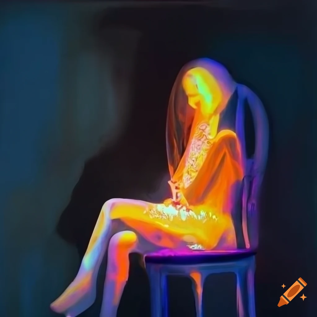 abstract painting of a melting woman in a chair