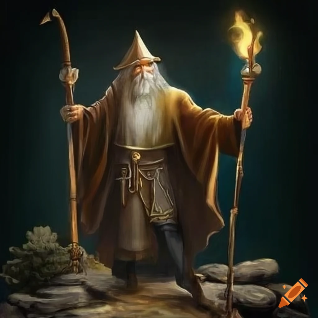 portrait of Gandalf the wizard with a sword and staff