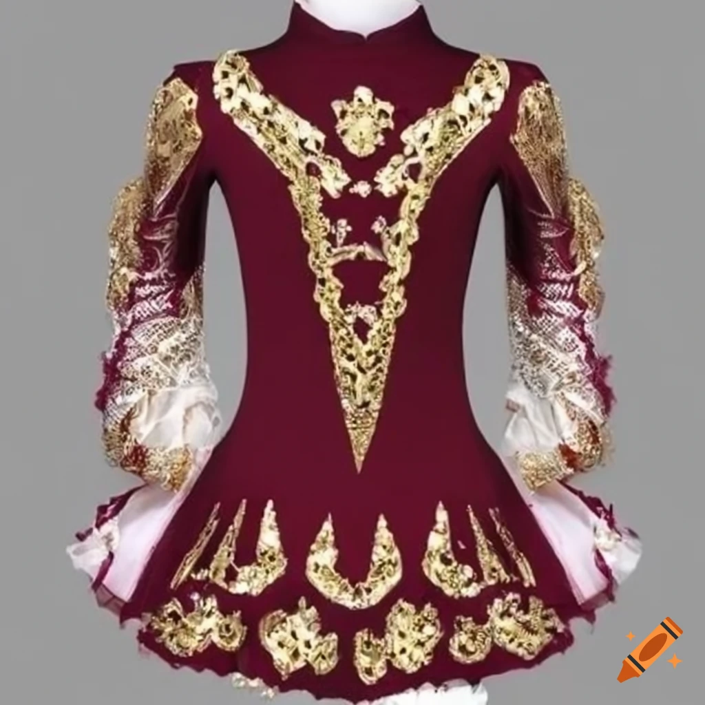 Burgundy and gold irish dance dress on Craiyon
