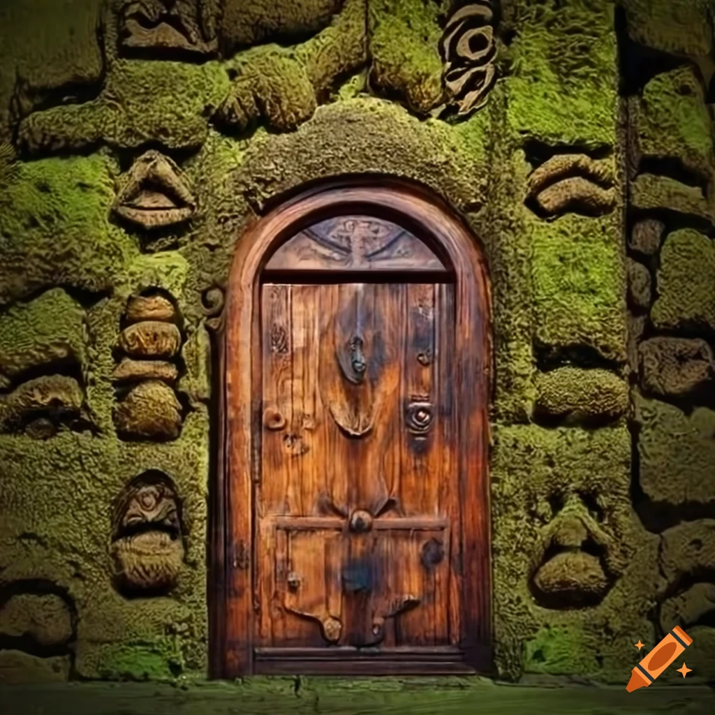 wooden door carved with African animal and symbol motifs