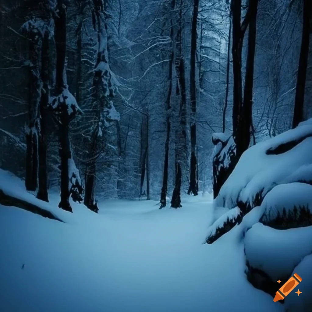 photo of a haunting snowy forest canyon