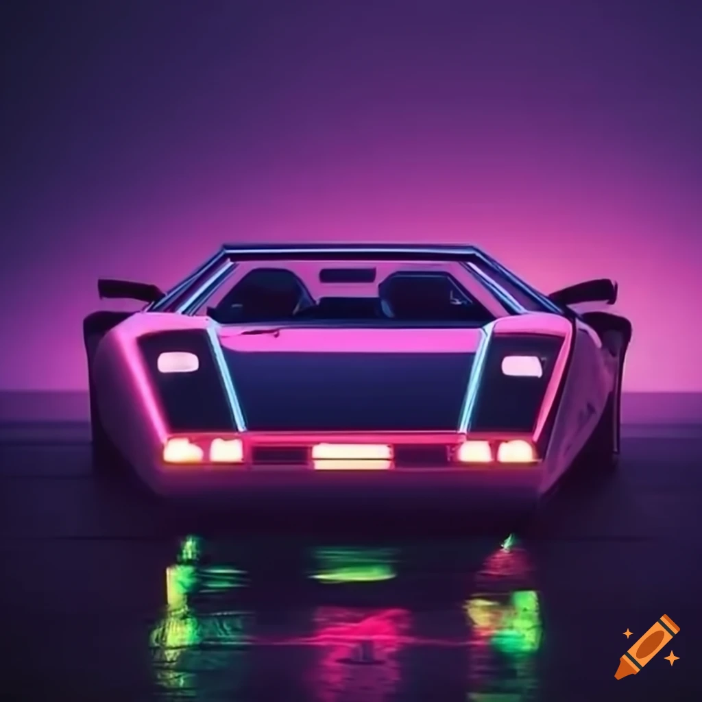 neon-lit retro car cruising in the city