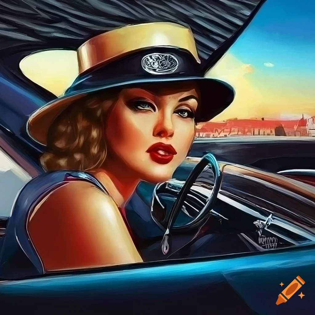 Digital painting of a woman driving a classic car on Craiyon