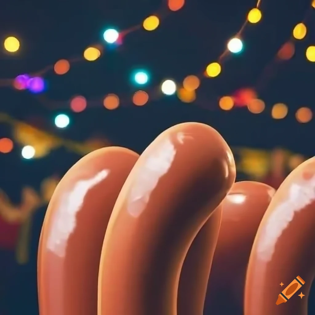 Sausages dancing at a party with colorful lights