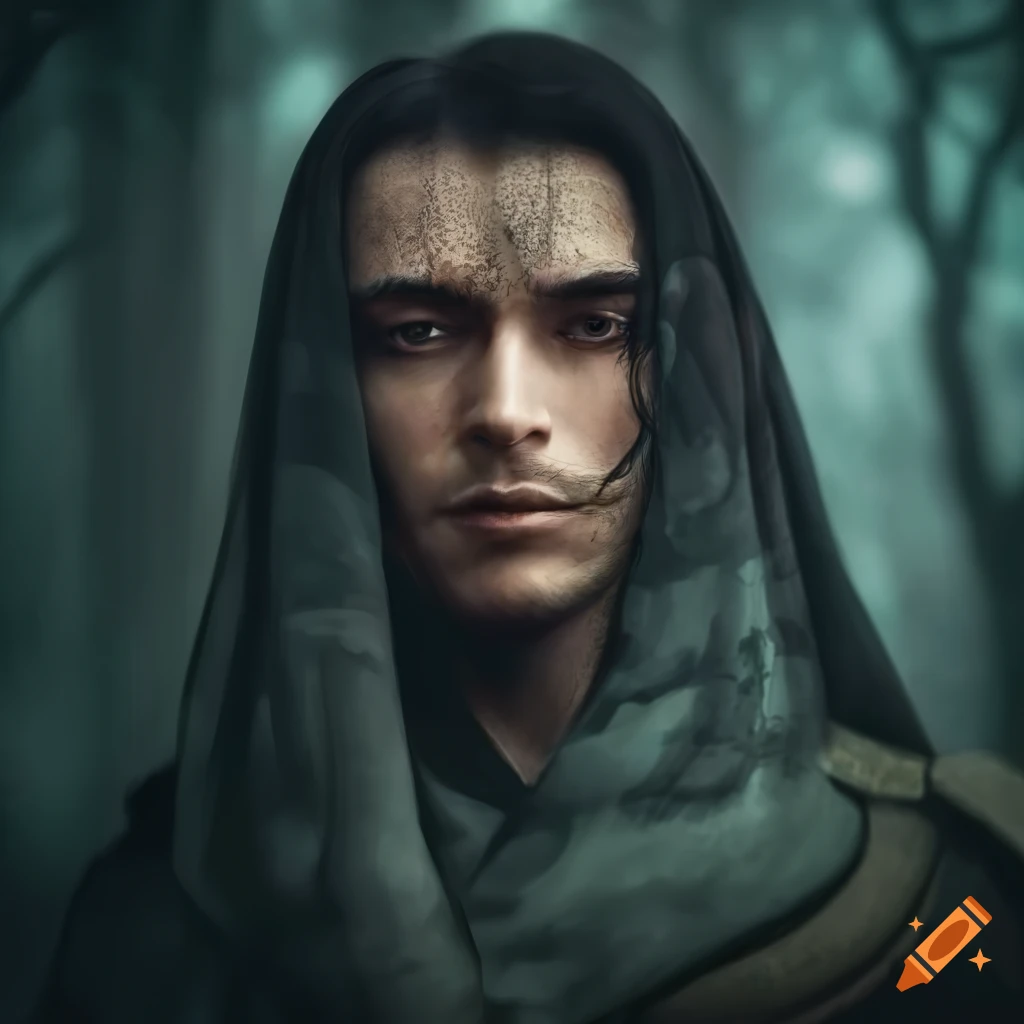 Portrait of a dark-haired warrior in armor on Craiyon