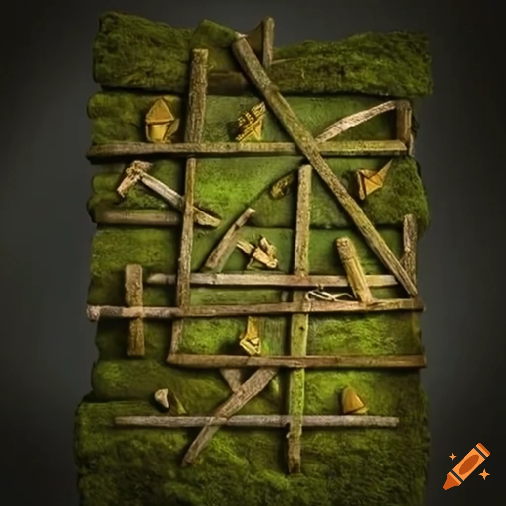 Noughts and crosses game on mosscovered stone wall