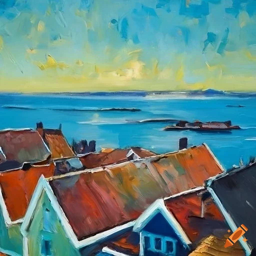 Oil painting of a coastal town viewed from above on Craiyon