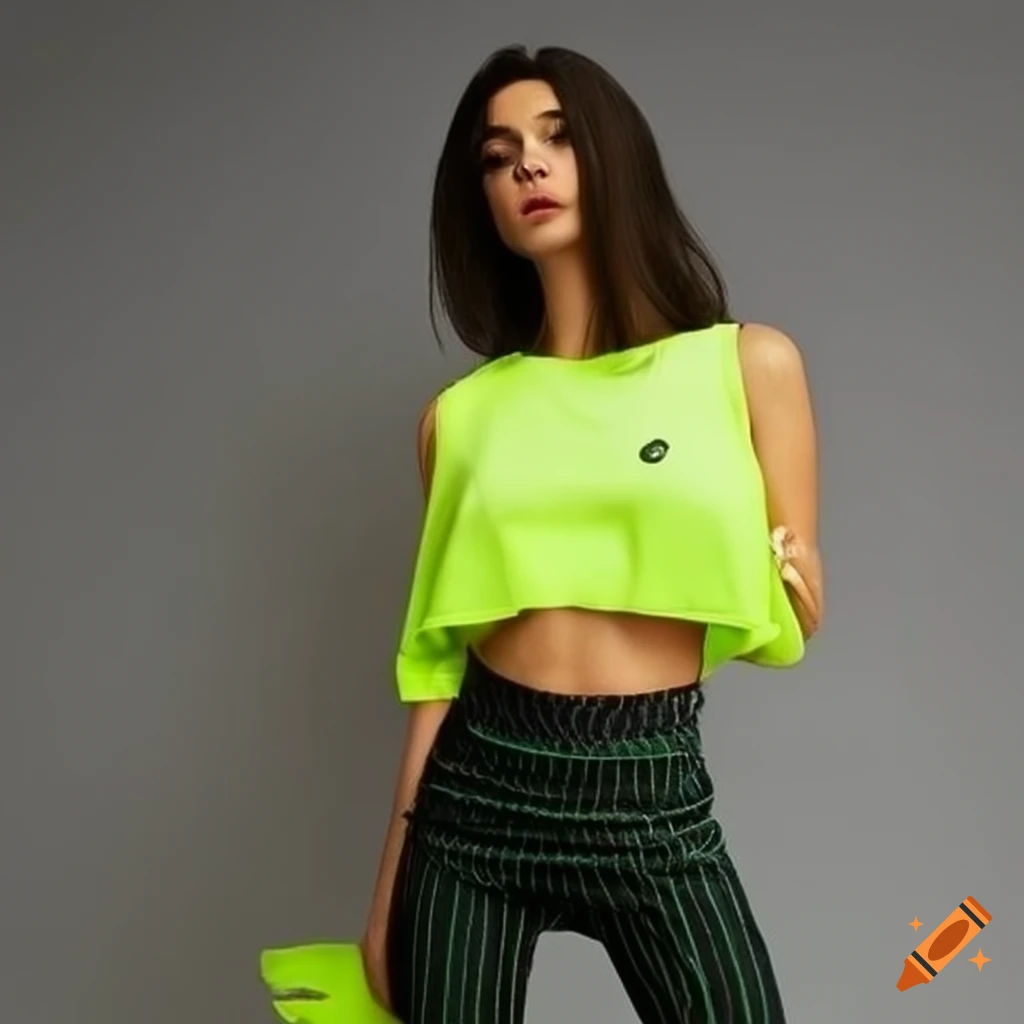 Neon yellow crop top with striped skinny jeans