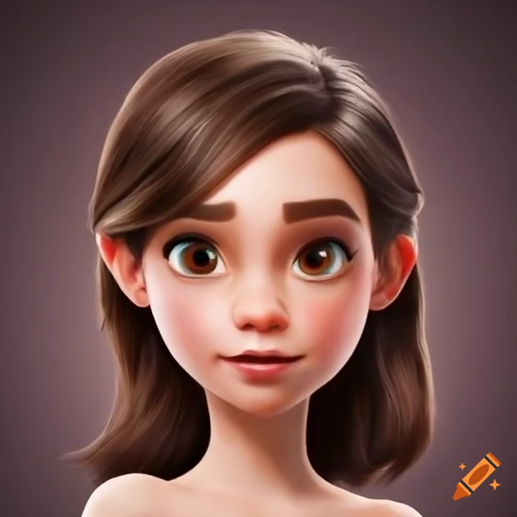 Girl With Fair Skin And Dark Brown Medium Hair In Disney Pixar Style On 