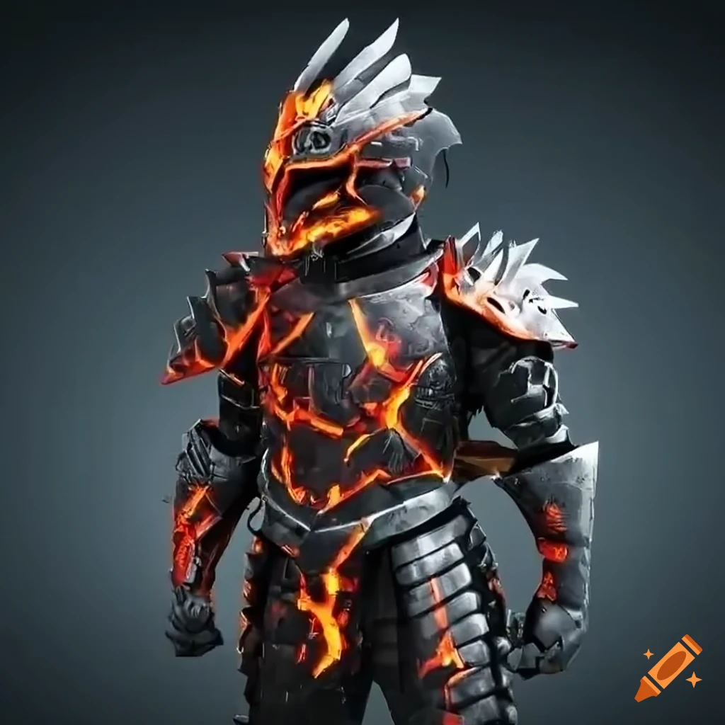 Detailed black steel armor with lava designs and dragon helmet on Craiyon