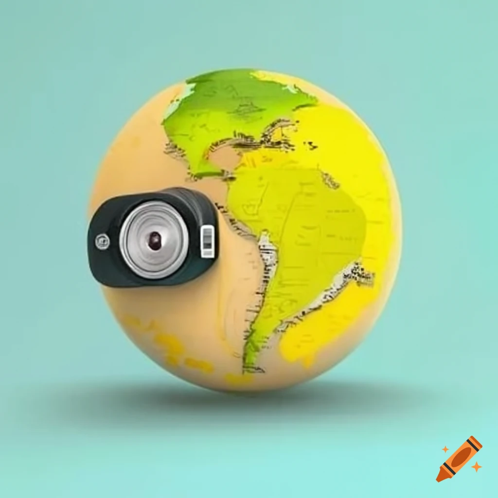 Yellow camera photographing a 3d world map on Craiyon