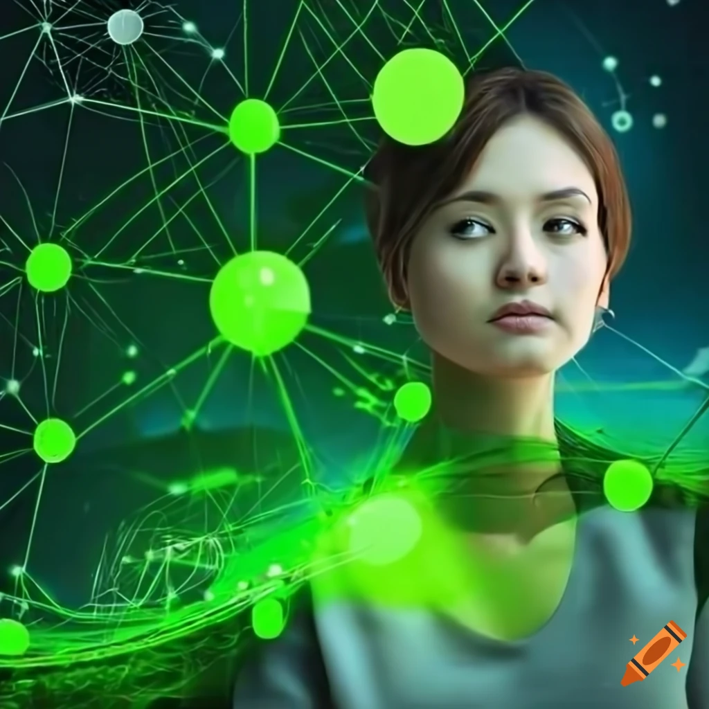 futuristic green network with a woman observing