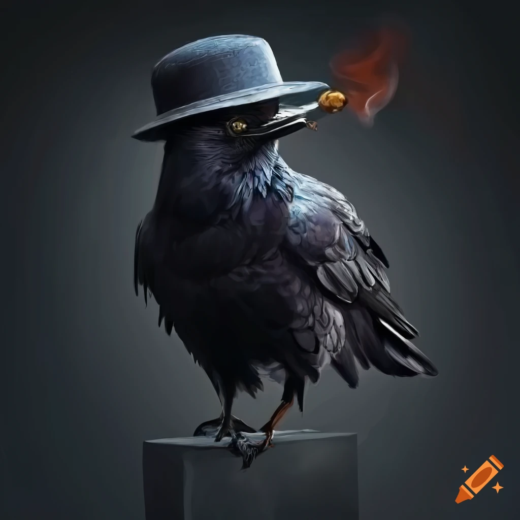 satirical image of a smoking raven in a suit