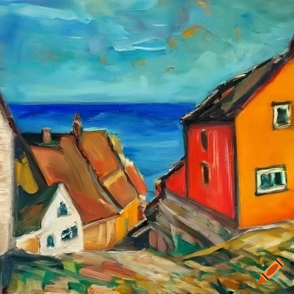 oil painting of a colorful Norwegian coastal village