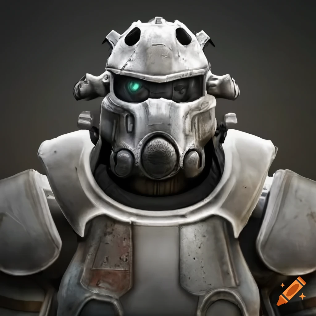 Power Armor from Fallout with ninja motif in black and white