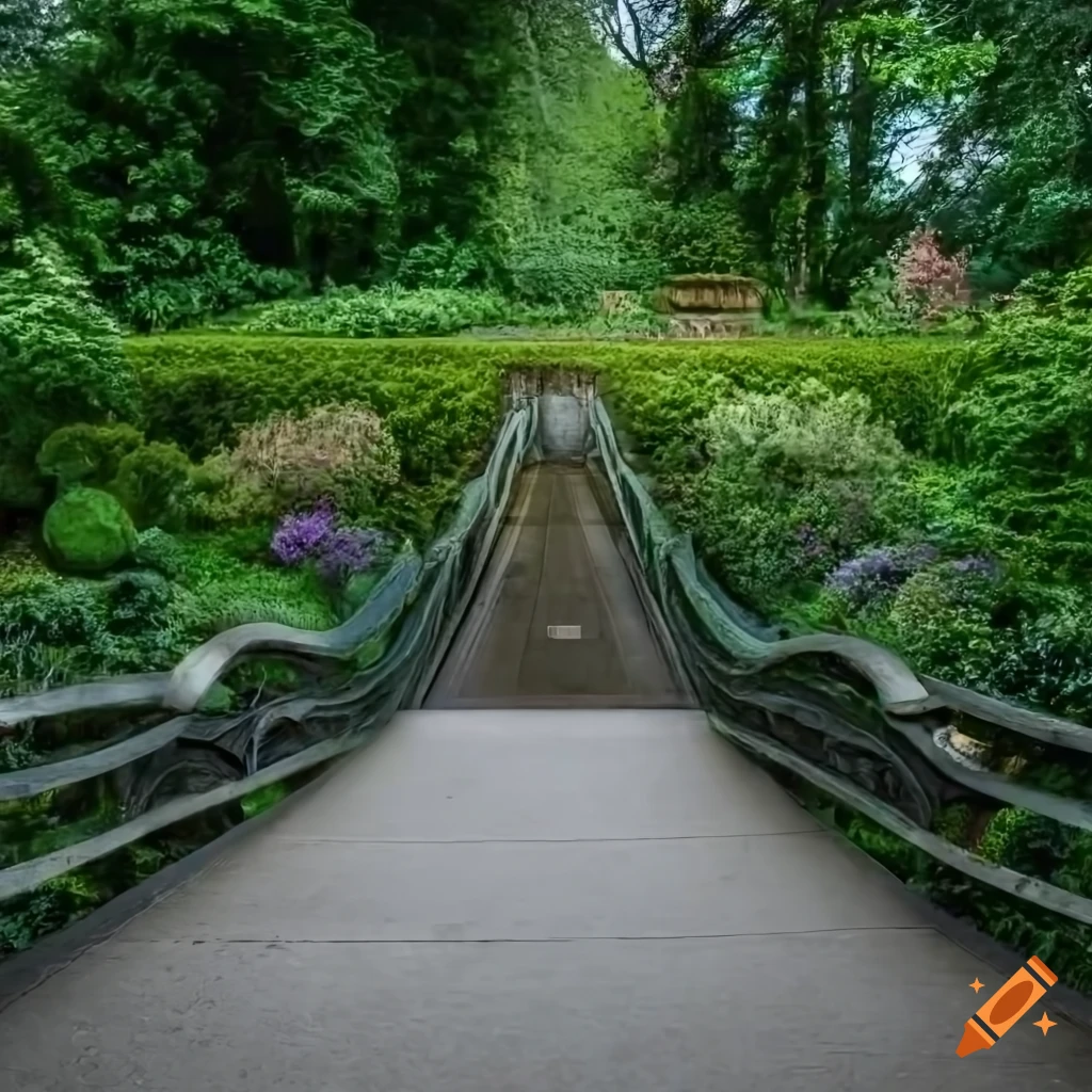 top view of a realistic bridge with a garden