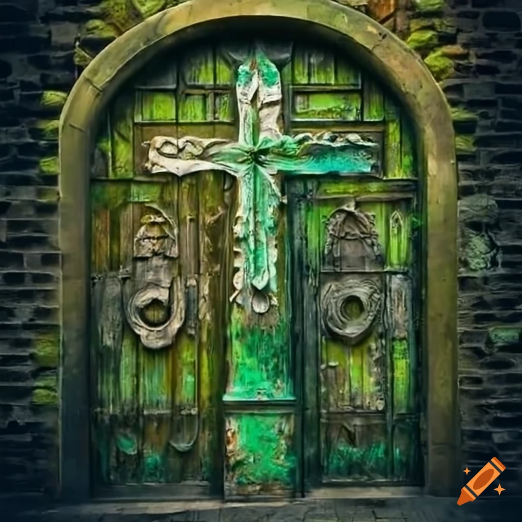 carved crosses on a moss-covered door