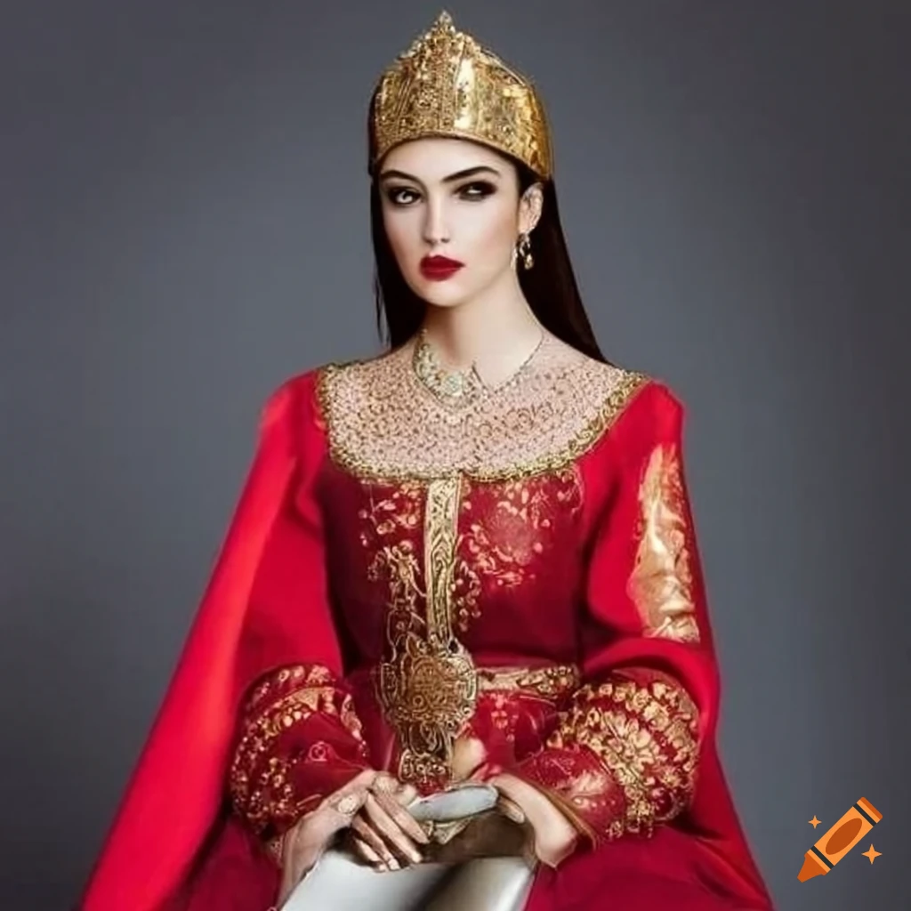 Image of an ottoman princess in red dress and armor on horseback