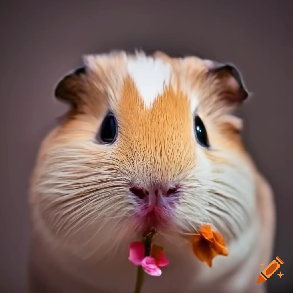 Closeup of a guinea pig eating a pink flower on Craiyon