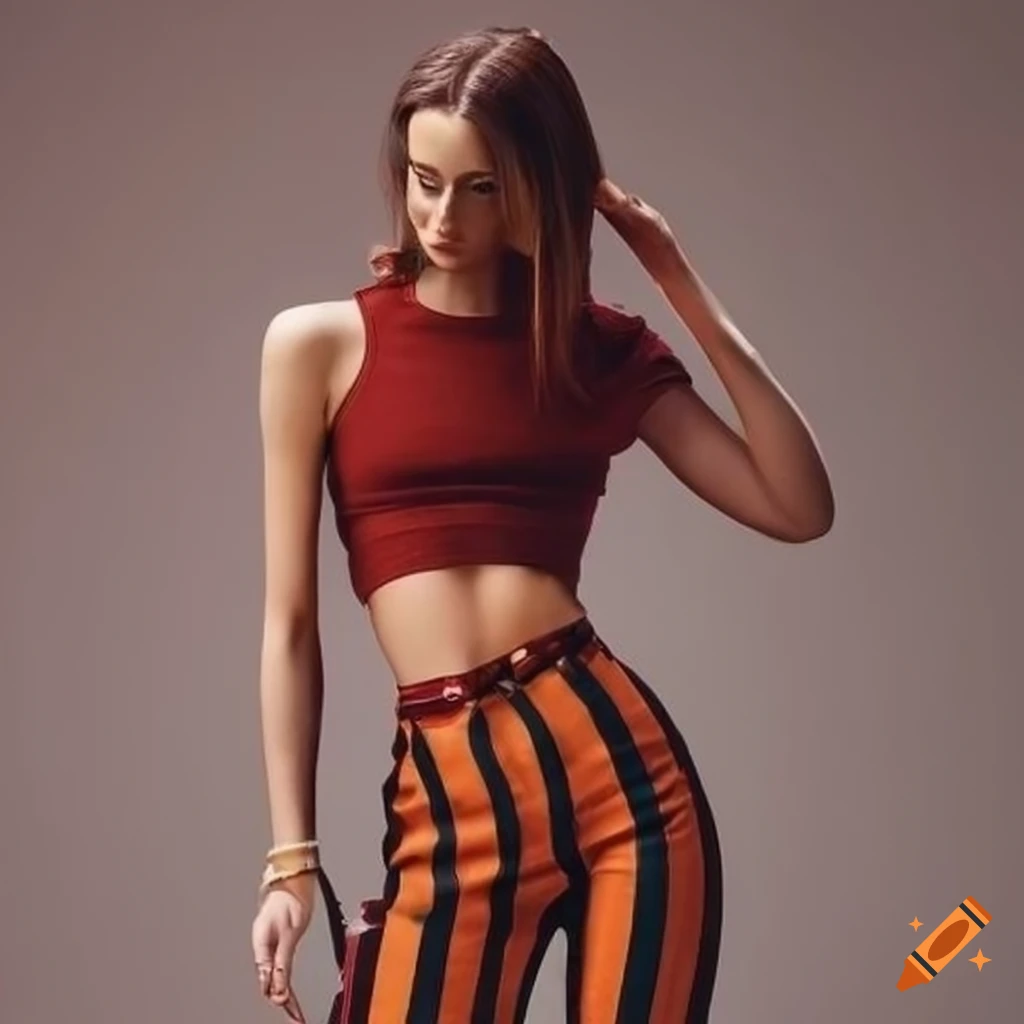 Dark orange striped skinny jeans and dark red crop top