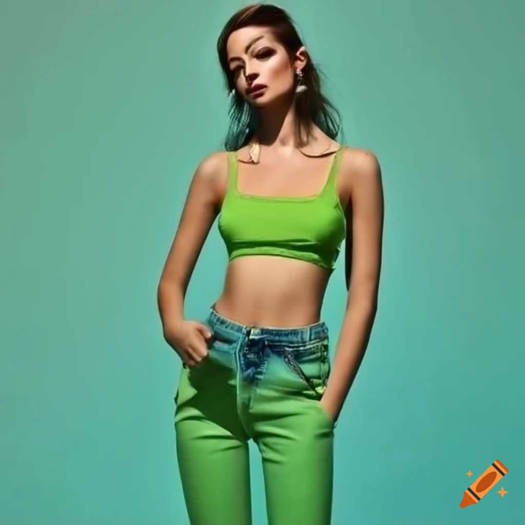 Green skinny jeans and crop top outfit on Craiyon