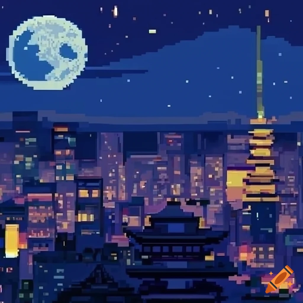 Pixel Art Of Japanese Cityscape At Night