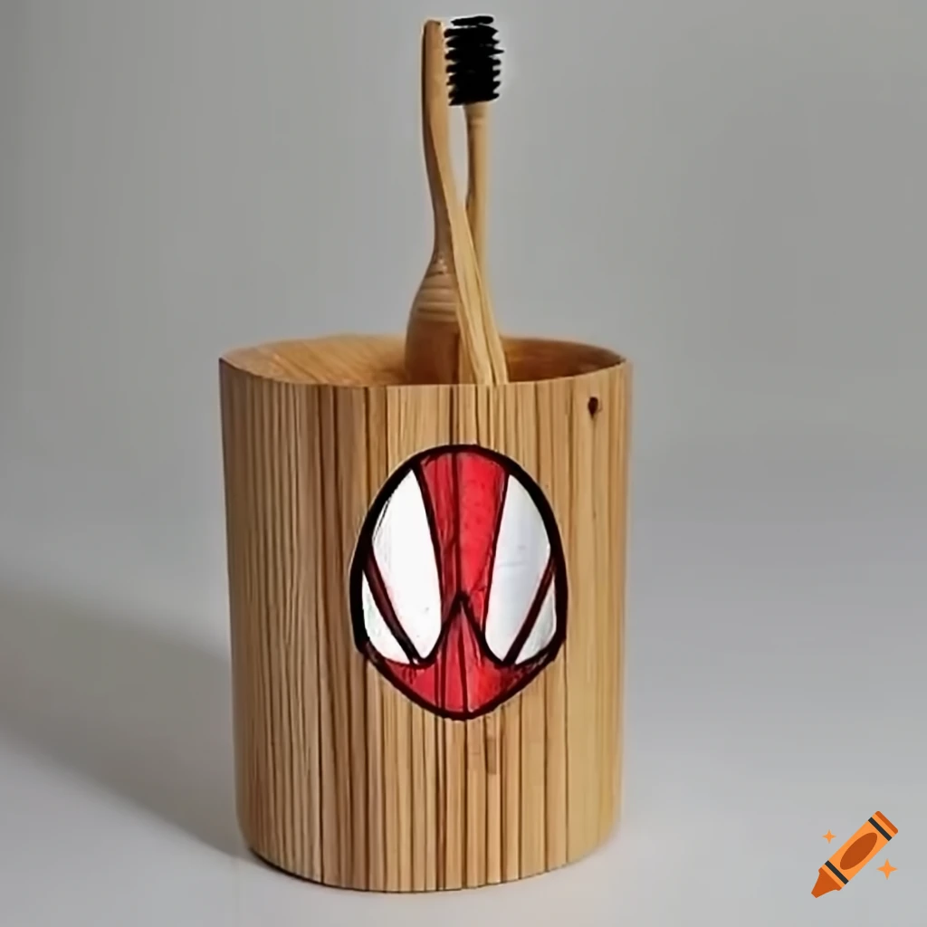 bamboo toothbrush holder with spiderman logo