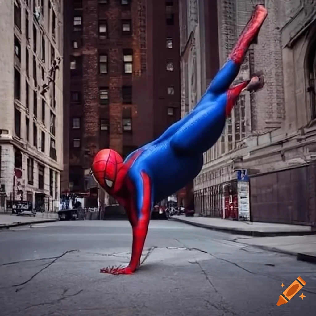 Spider-Man falling in a city street