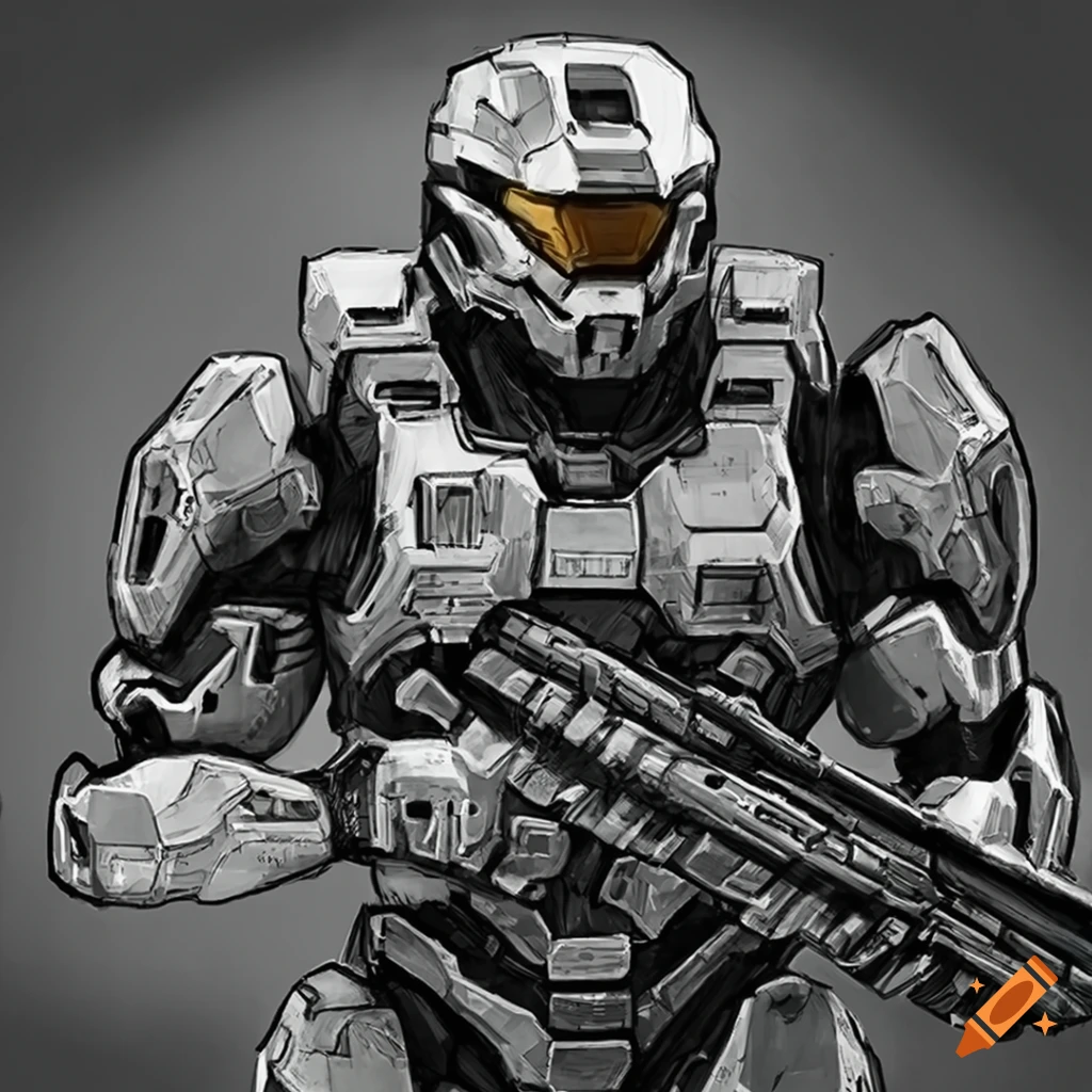Black and white sketch artwork of halo master chief battle