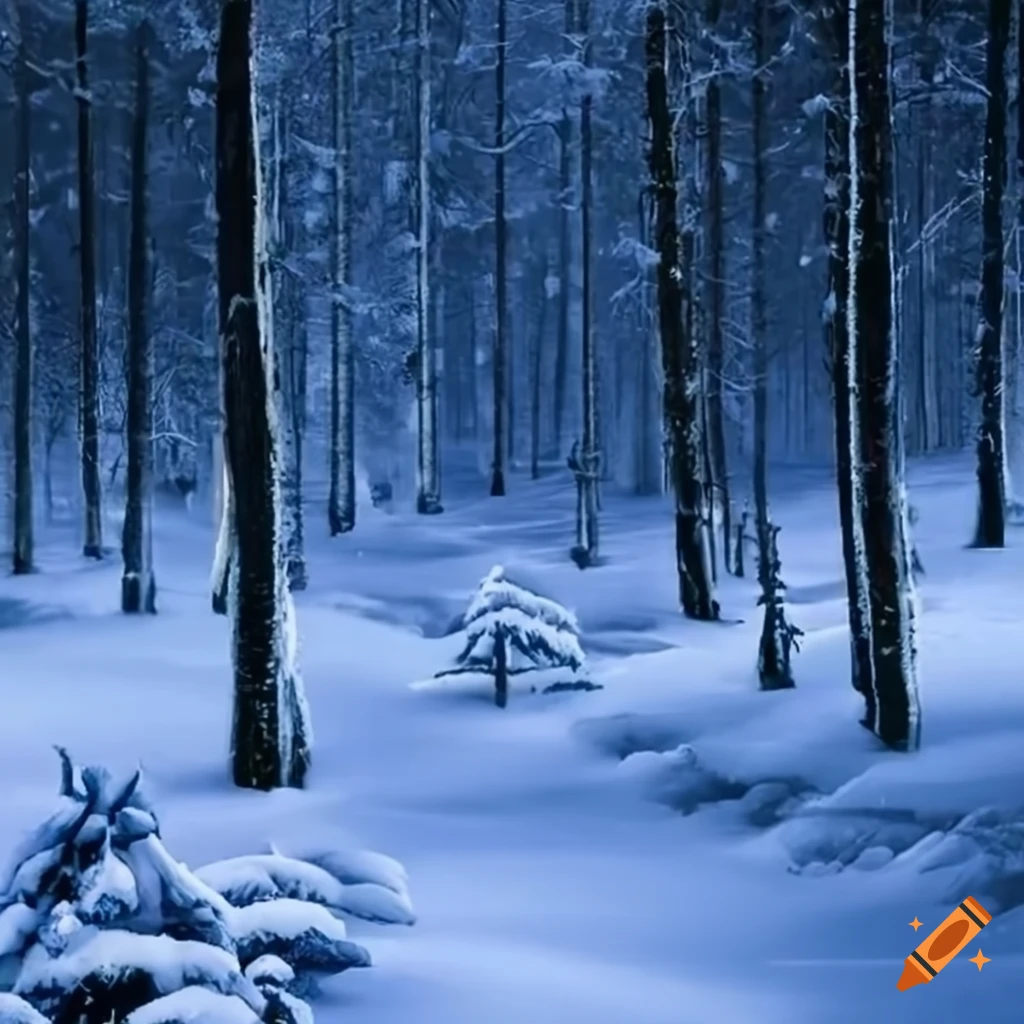 snowy evergreen forest under a starlit sky