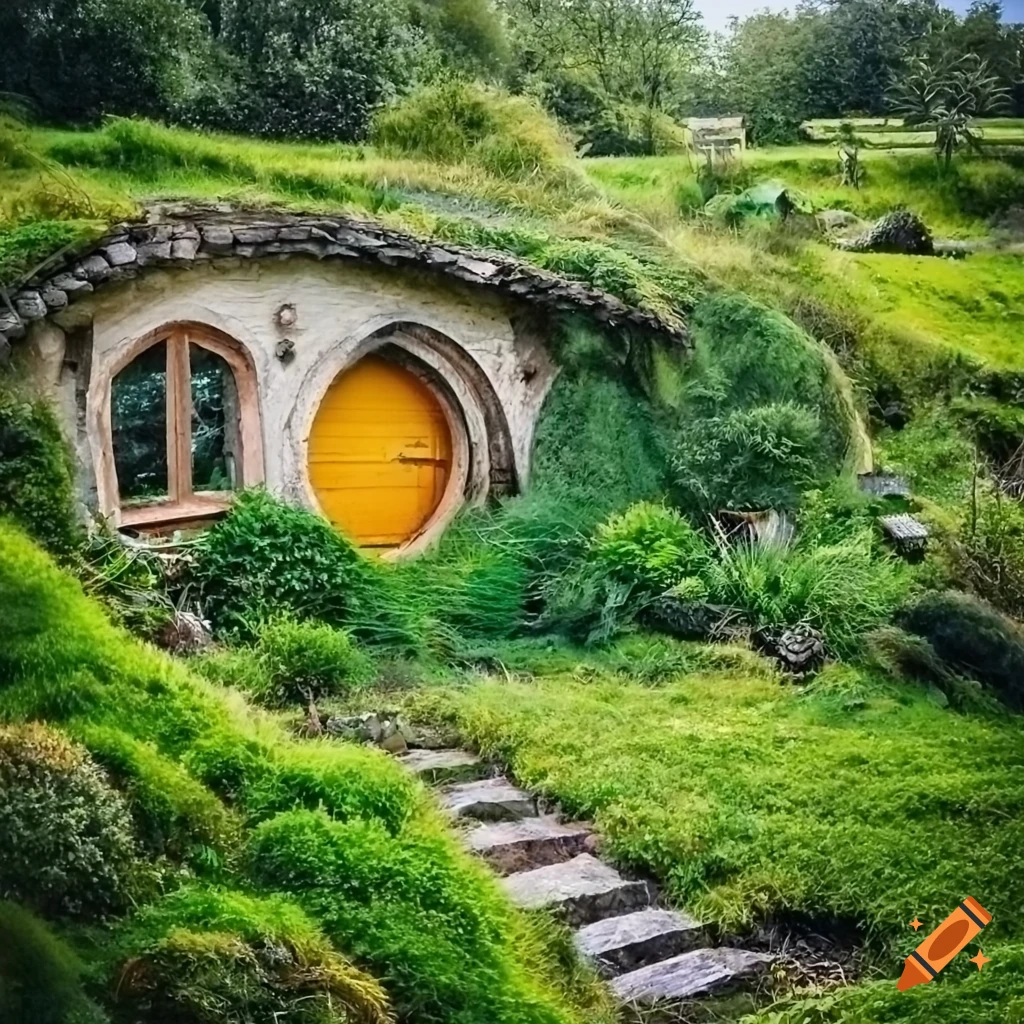 Closeup of a realistic hobbit house surrounded by greenery on Craiyon