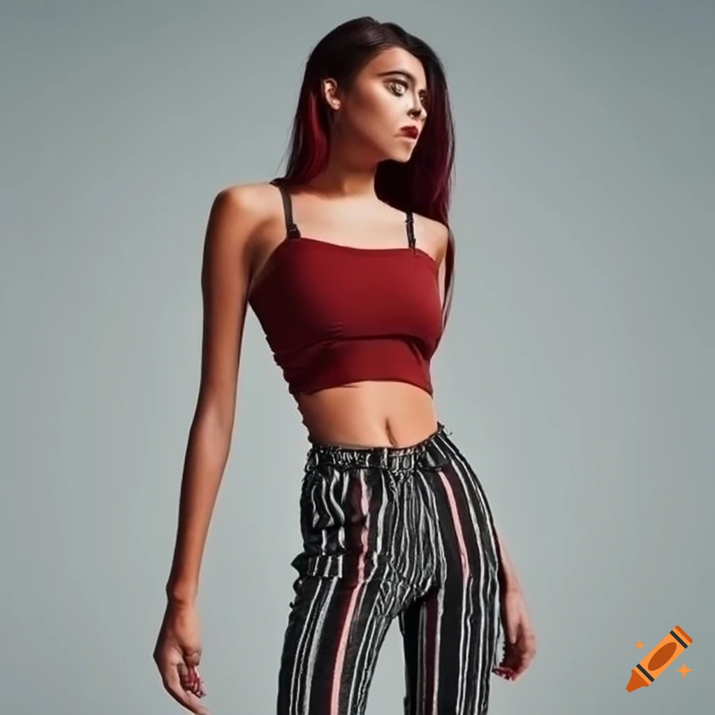 Dark red crop top and striped skinny jeans outfit on Craiyon