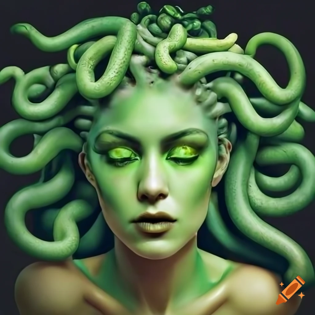 artistic interpretation of Medusa with green skin and closed eyes