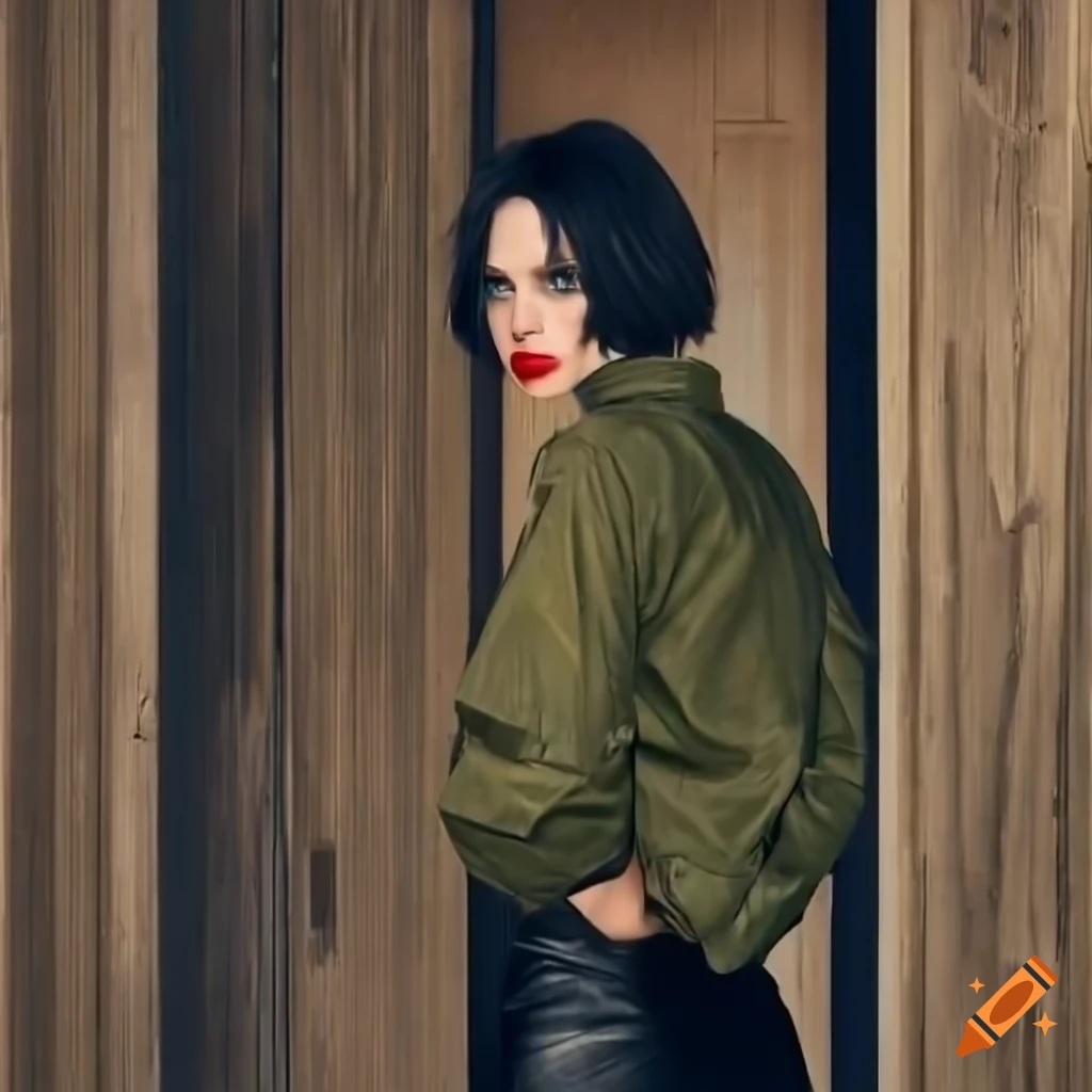 portrait of a young actress with black bob hair and bomber jacket