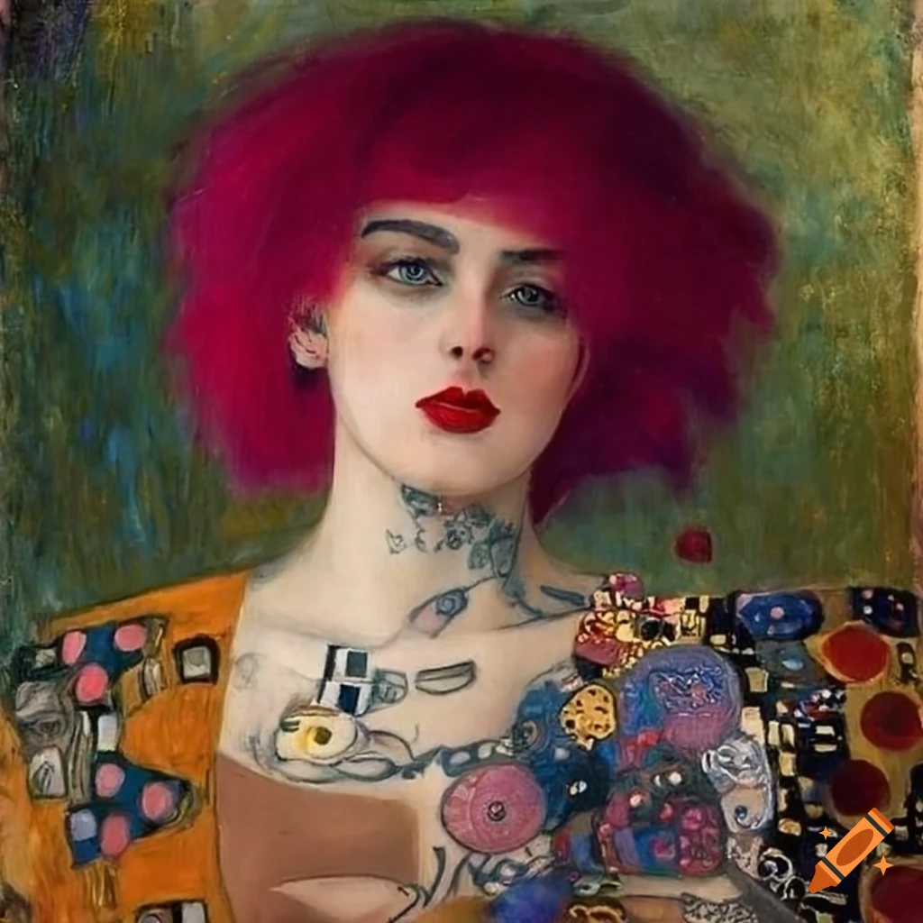 Portrait of a woman with pink hair and tattoos by Gustav Klimt on Craiyon