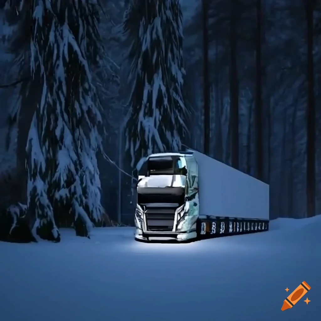 Winter scene in euro truck simulator 2 with a volvo truck on Craiyon