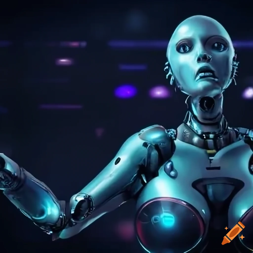 futuristic robot DJ dancer with aliens