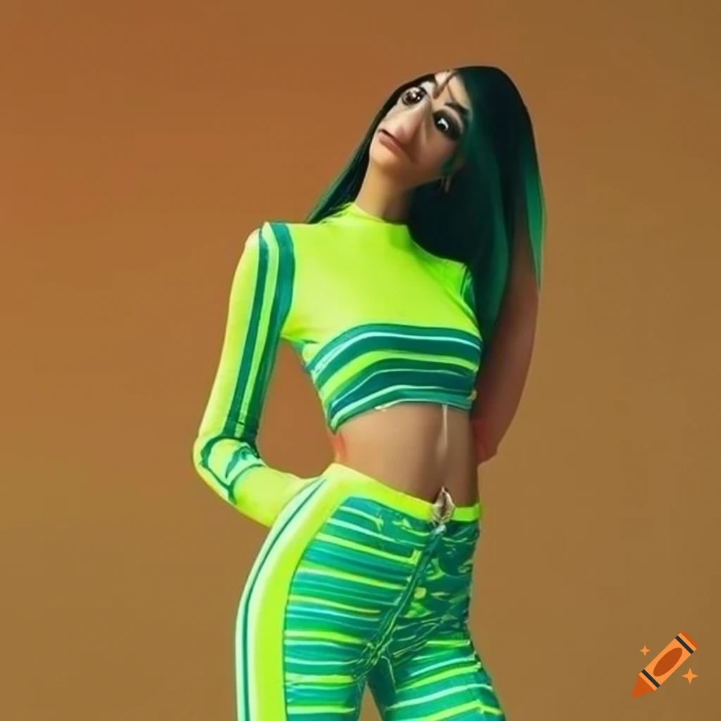 Neon yellow and dark green striped skinny jeans with crop top